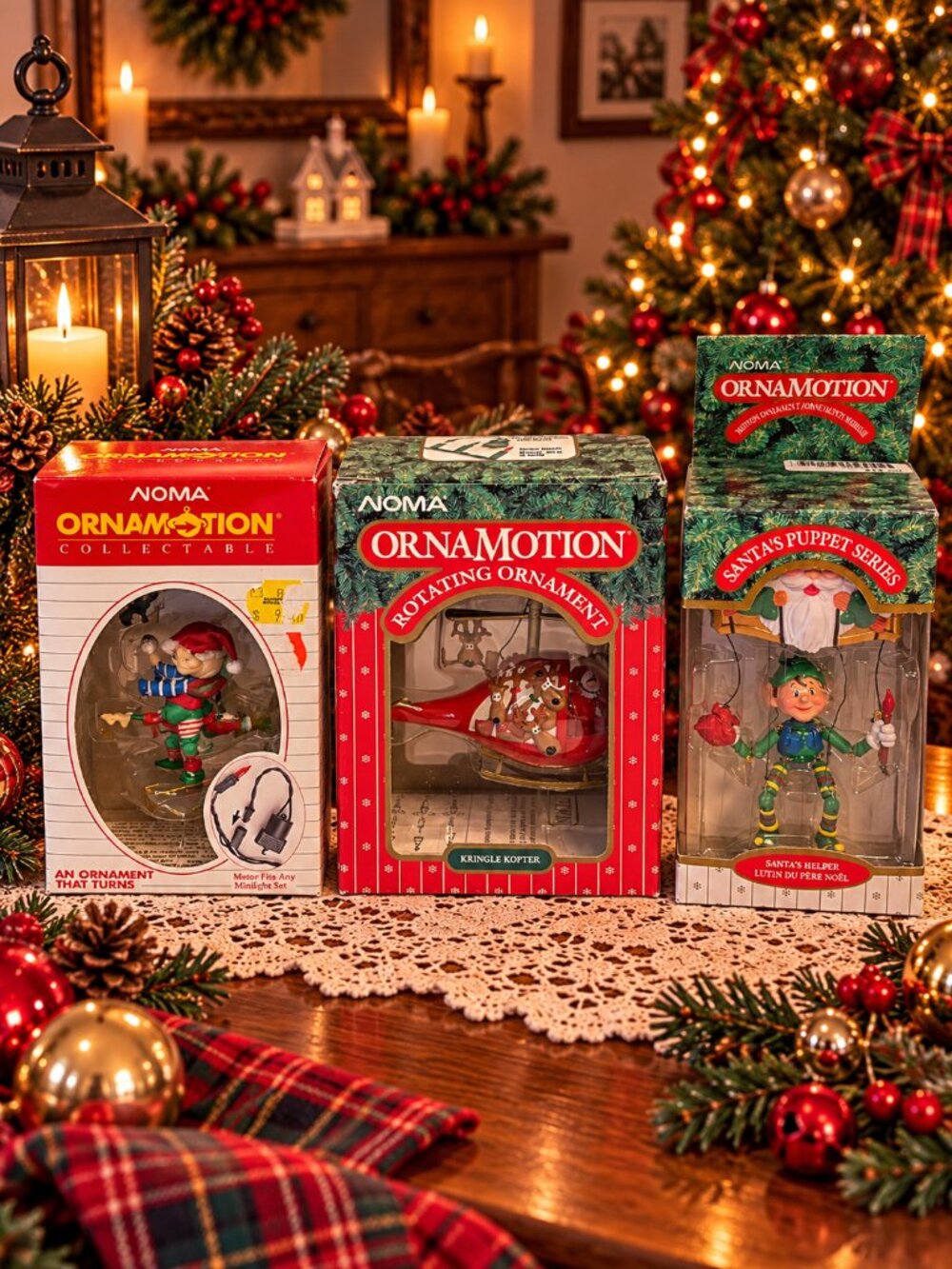 Vintage NOMA Ornamotion Christmas Ornaments Lot of 3 Santa Elf Helicopter